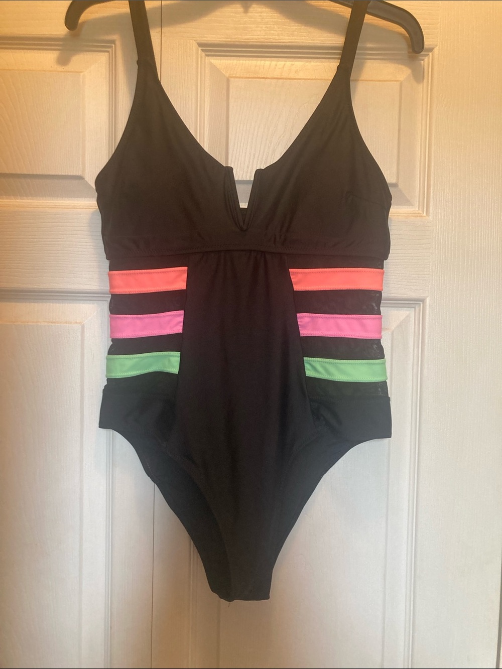 Black One-Piece Swimsuit with Neon Stripe Accents..Popvil..size S